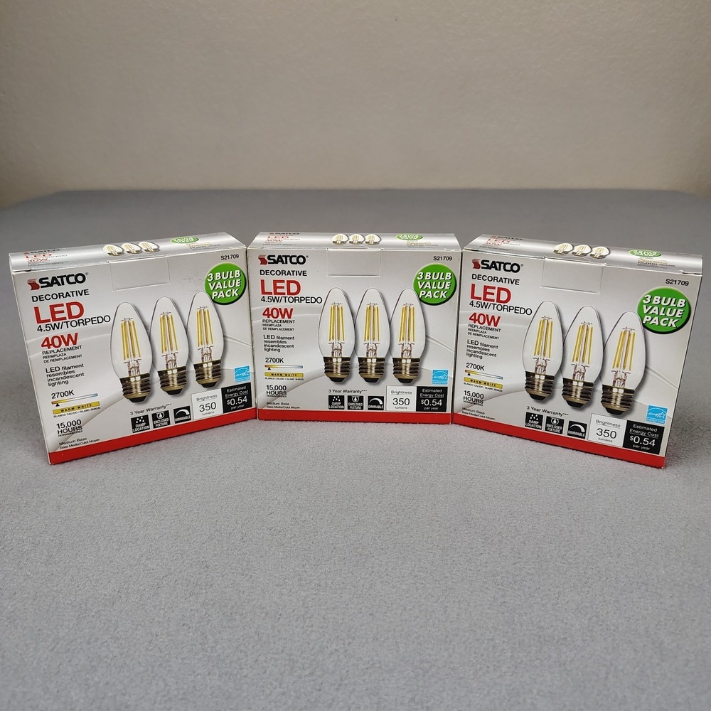 SATCO LED 4.5 Watt Torpedo Light Bulbs White Medium Base 350 Lumens Dimmable 9ct